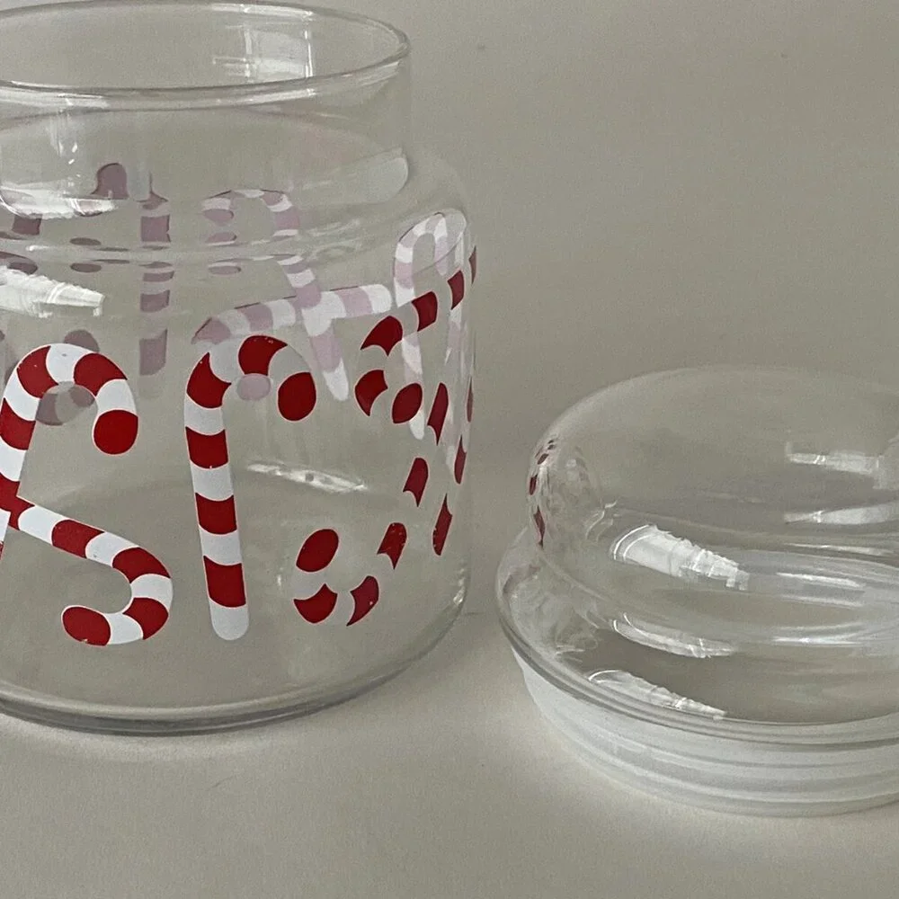 Red White Candy Cane Clear Glass w Lid Candy Cannister Jar 5 1/2
